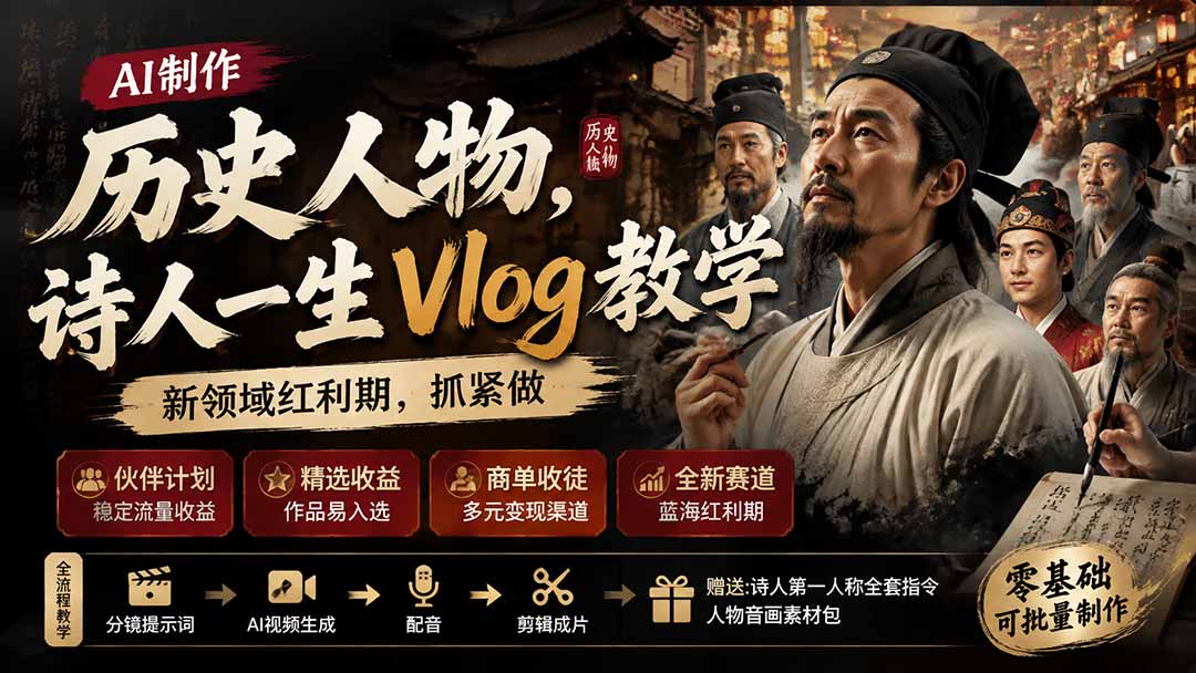 历史人物，诗人一生Vlog教学， AI制作丨伙伴计划丨精选收益丨商单收徒 ，新领域红利期，抓紧做-万象聊项目