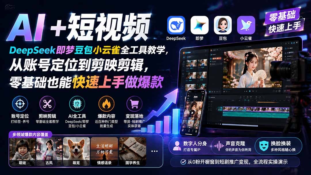 AI+短视频｜DeepSeek即梦豆包小云雀全工具教学，从账号定位到剪映剪辑，零基础也能快速上手做爆款-万象聊项目