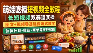 萌娃吃播短视频全教程｜长短视频双赛道实操，图文+视频零基础保姆式教学，伙伴计划-收徒-商单等多种变现方式-万象聊项目