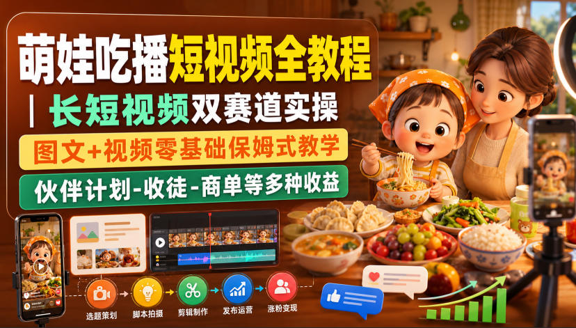 萌娃吃播短视频全教程｜长短视频双赛道实操，图文+视频零基础保姆式教学，伙伴计划-收徒-商单等多种变现方式-万象聊项目