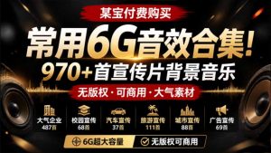 某宝付费购买，常用6G音效合集！970+首宣传片背景音乐，无版权可商用大气素材，分类清晰，高质量内容-万象聊项目