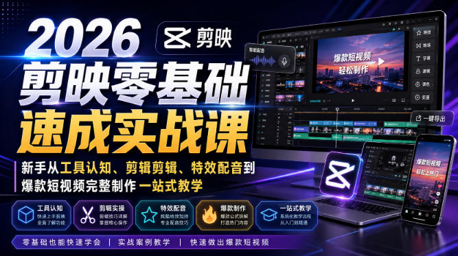 2026剪映零基础速成实战课｜新手从工具认知、剪辑剪辑、特效配音到爆款短视频完整制作一站式教学-万象聊项目