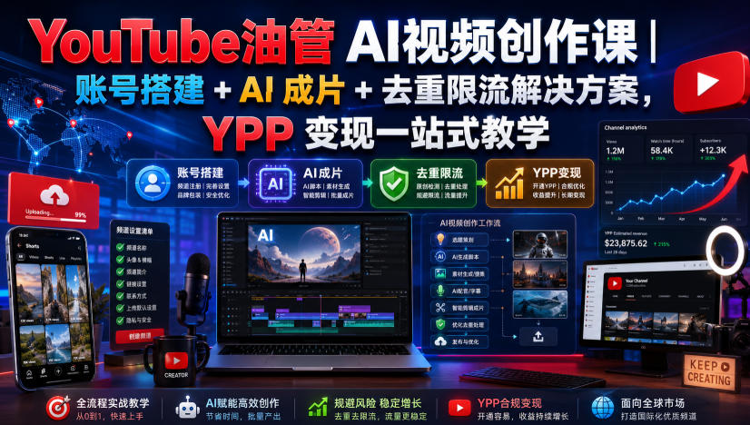 YouTube油管AI视频创作课｜账号搭建+AI成片+去重限流解决方案，YPP变现一站式教学(更新0809)-万象聊项目