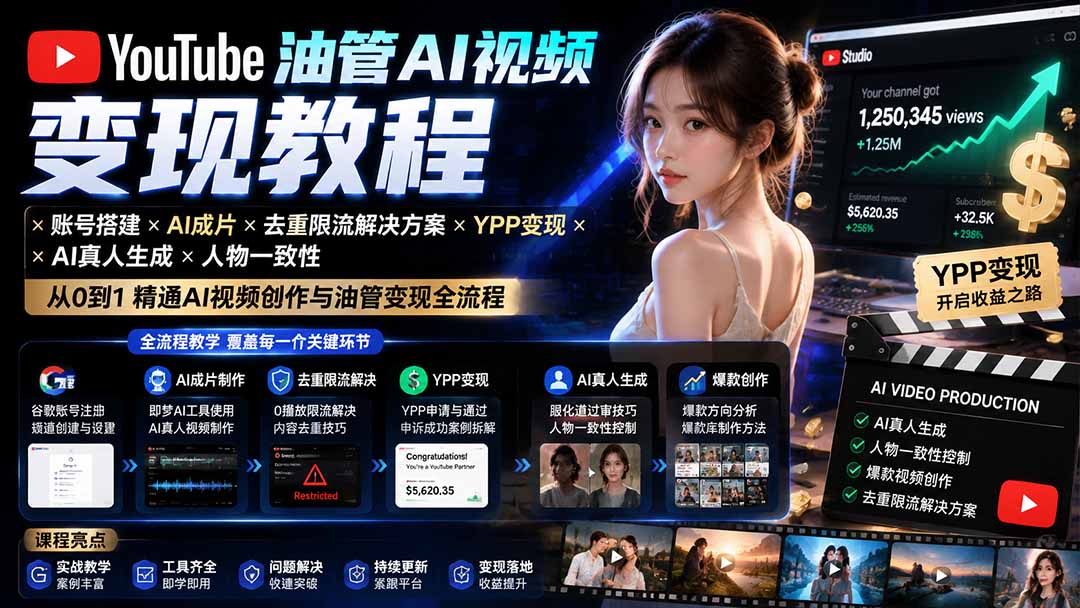 YouTube油管AI视频变现教程-更新：账号搭建×AI成片×去重限流解决方案×YPP变现×AI真人生成×人物一致性-万象聊项目