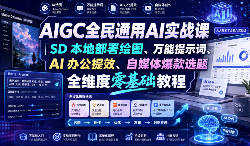 AIGC全民通用AI实战课｜SD本地部署绘图、万能提示词、AI办公提效、自媒体爆款选题全维度零基础教程-万象聊项目