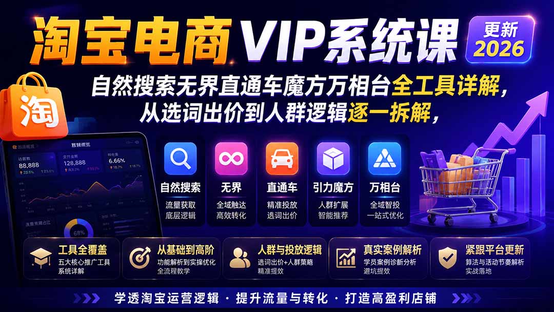 淘宝电商VIP系统课-更新8月；自然搜索无界直通车魔方万相台全工具详解，从选词出价到人群逻辑逐一拆解-万象聊项目