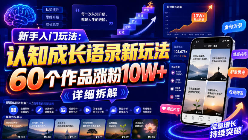 新手入门玩法：认知成长语录新玩法，60个作品涨粉10W+，详细拆解-万象聊项目