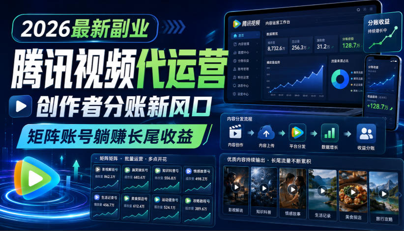 2026最新副业之腾讯视频代运营：创作者分账新风口，矩阵账号躺賺长尾收益【揭秘】-万象聊项目