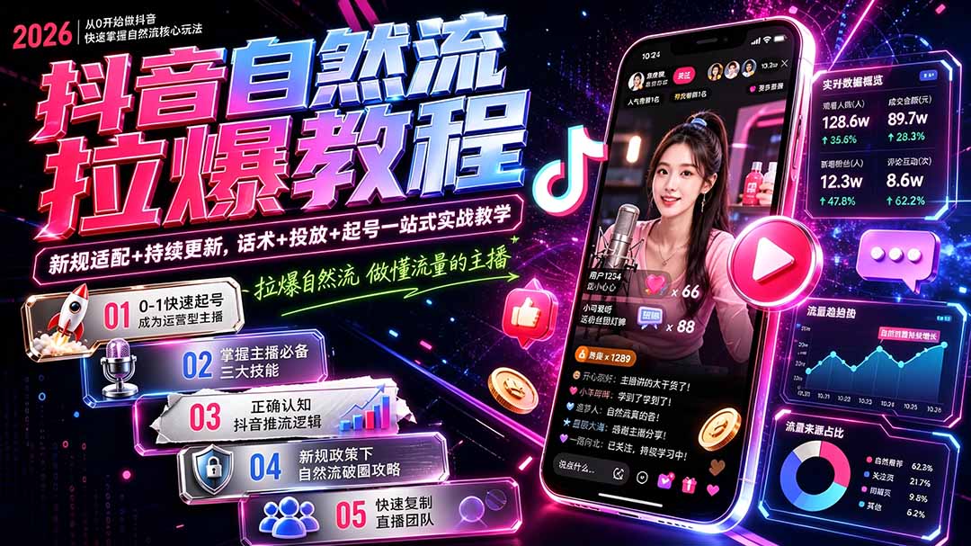 抖音自然流拉爆教程-更新8月：做懂流量的主播，新规适配+持续更新，话术+投放+起号一站式实战教学-万象聊项目