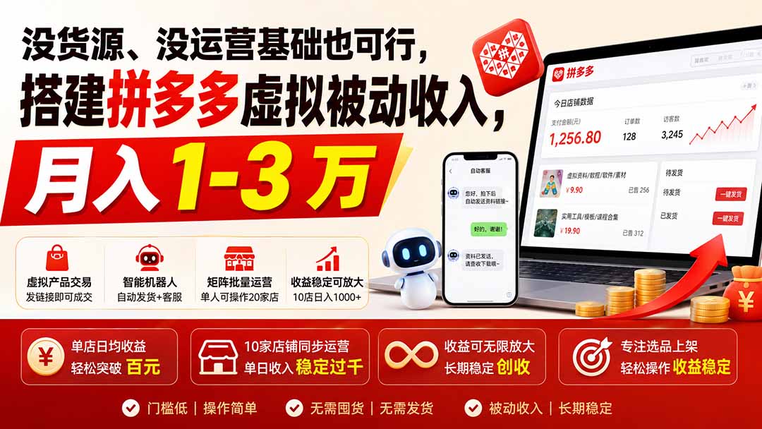 没货源、没运营基础也可行，搭建多多虚拟被动收入，月入 1-3 万-万象聊项目