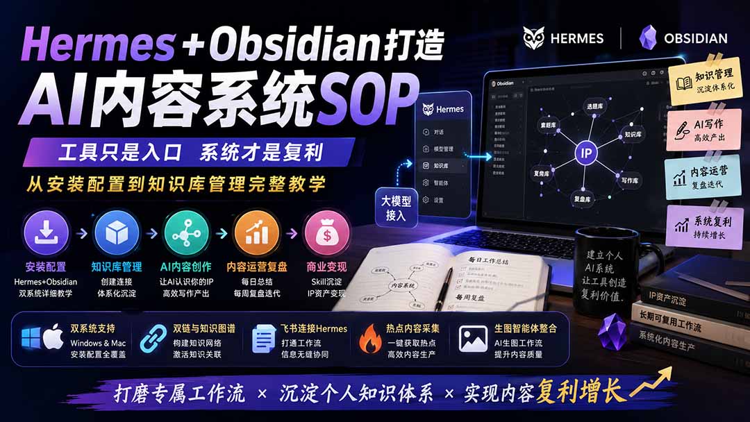 Hermes+Obsidian打造AI内容系统SOP；工具只是入口系统才是复利，从安装配置到知识库管理完整教学-万象聊项目