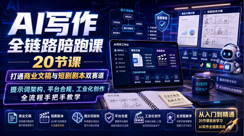 AI写作全链路陪跑课｜20节课打通商业文稿与短剧剧本双赛道，提示词架构、平台合规、工业化创作全流程手把手教学-万象聊项目