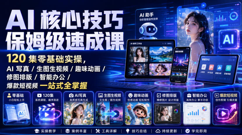 AI核心技巧保姆级速成课｜120集零基础实操，AI写真/生图生视频/趣味动画/修图排版/智能办公/爆款短视频一站式全掌握-万象聊项目
