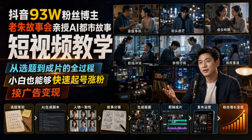 抖音93W粉丝博主老朱故事会亲授AI都市故事短视频教学，从选题到成片的全过程，小白也能够快速起号涨粉接广告变现-万象聊项目