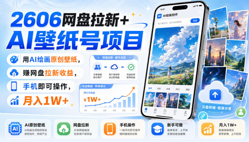 2606网盘拉新+AI壁纸号项目，用AI绘画原创壁纸，賺网盘拉新收益，手机即可操作，月入1W+-万象聊项目