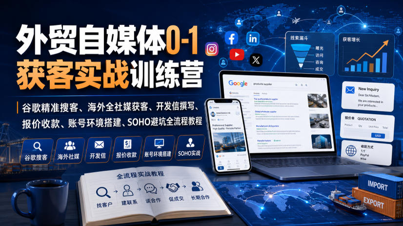 外贸自媒体0-1获客实战训练营｜谷歌精准搜客、海外全社媒获客、开发信撰写、报价收款、账号环境搭建、SOHO避坑全流程教程(更新)-万象聊项目