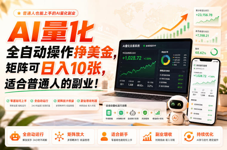 AI量化全自动操作挣美金，矩阵可日入10张，适合普通人的副业！【揭秘】-万象聊项目