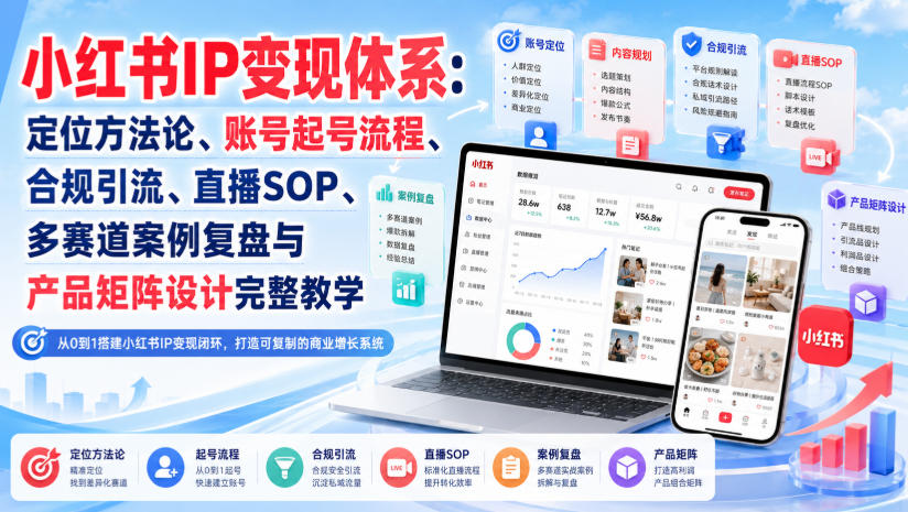 小红书IP变现体系：定位方法论、账号起号流程、合规引流、直播SOP、多赛道案例复盘与产品矩阵设计完整教学-万象聊项目