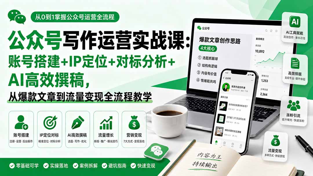 公众号写作运营实战课：账号搭建+IP定位+对标分析+AI高效撰稿，从爆款文章到流量变现全流程教学-万象聊项目