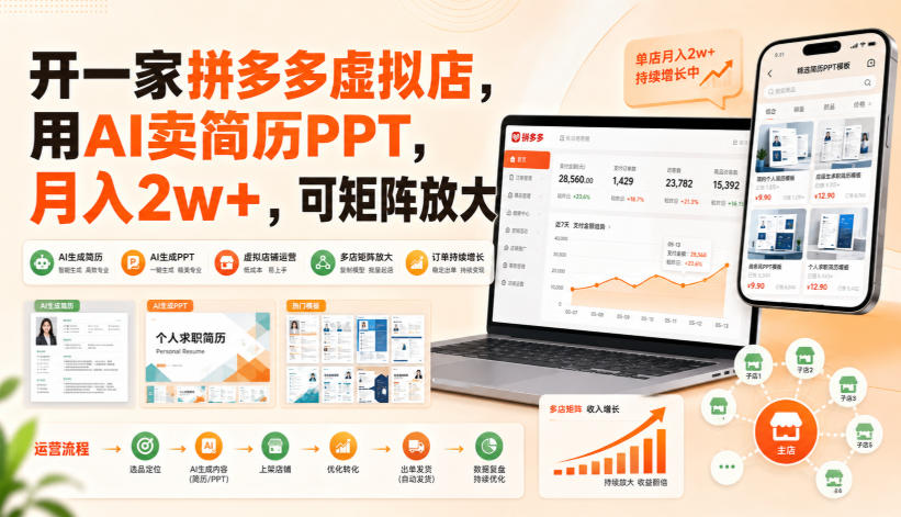 开一家拼多多虚拟店,用AI卖简历PPT,月入2w+,可矩阵放大【揭秘】-万象聊项目