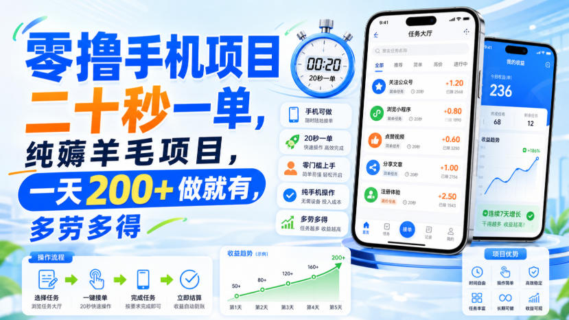 零撸手机项目，二十秒一单，纯薅羊毛项目，一天200+做就有，多劳多得【揭秘】-万象聊项目
