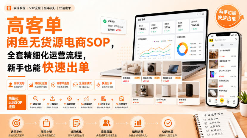 高客单闲鱼无货源电商SOP，全套精细化运营流程，新手也能快速出单-万象聊项目