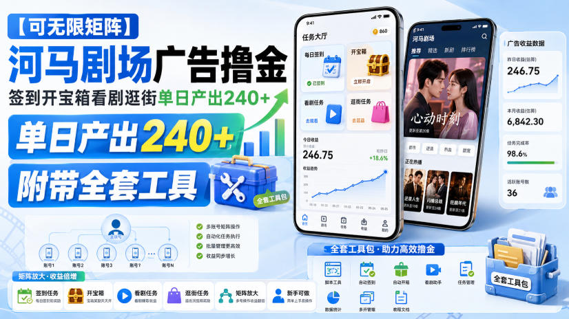 【可无限矩阵】河马剧场广告撸金，签到开宝箱看剧逛街单日产出240+，附带全套工具【揭秘】-万象聊项目