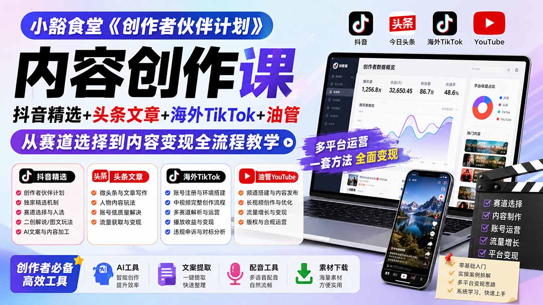 小豁食堂《创作者伙伴计划》内容创作课：抖音精选+头条文章+海外TikTok+油管，从赛道选择到内容变现全流程教学-万象聊项目