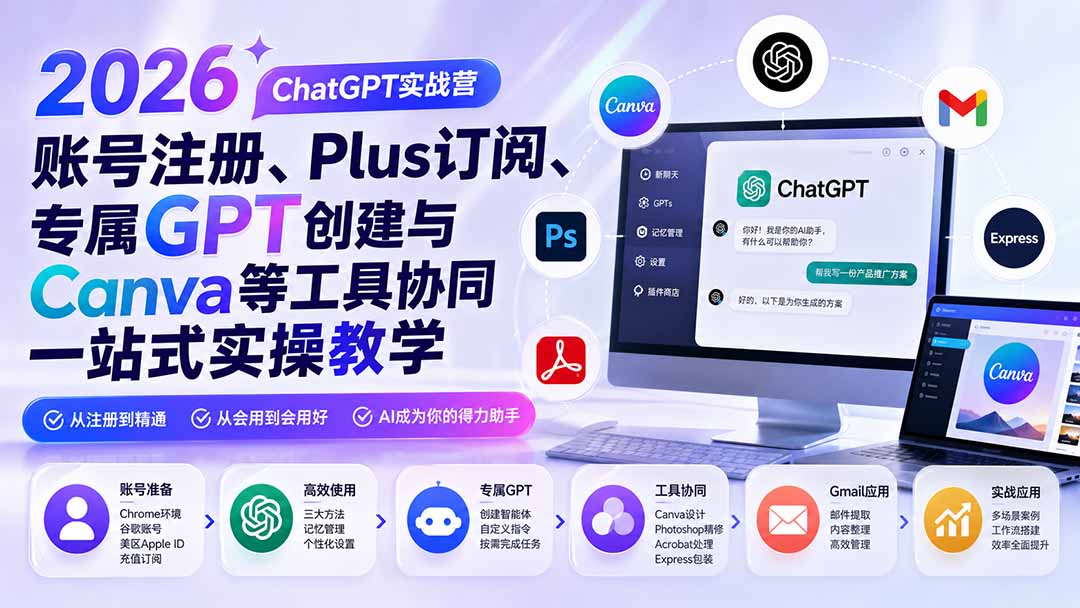2026 ChatGPT实战营；账号注册、Plus订阅、专属GPT创建与Canva等工具协同一站式实操教学-万象聊项目