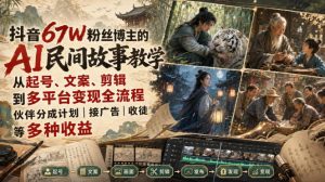 抖音67W粉丝博主的AI民间故事教学，从起号、文案、剪辑到多平台变现全流程，伙伴分成计划接广告等多种收益，月入1W+-万象聊项目