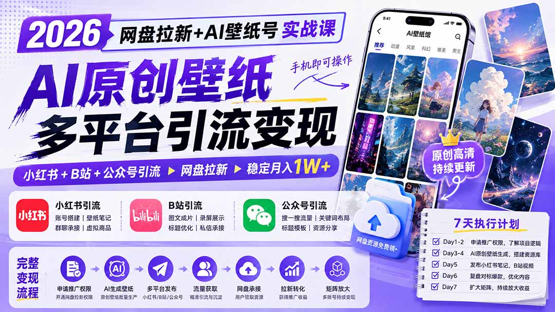 2026网盘拉新+AI壁纸号实战课：AI原创壁纸+小红书+B站+公众号引流，手机即可操作，月入1W+-万象聊项目