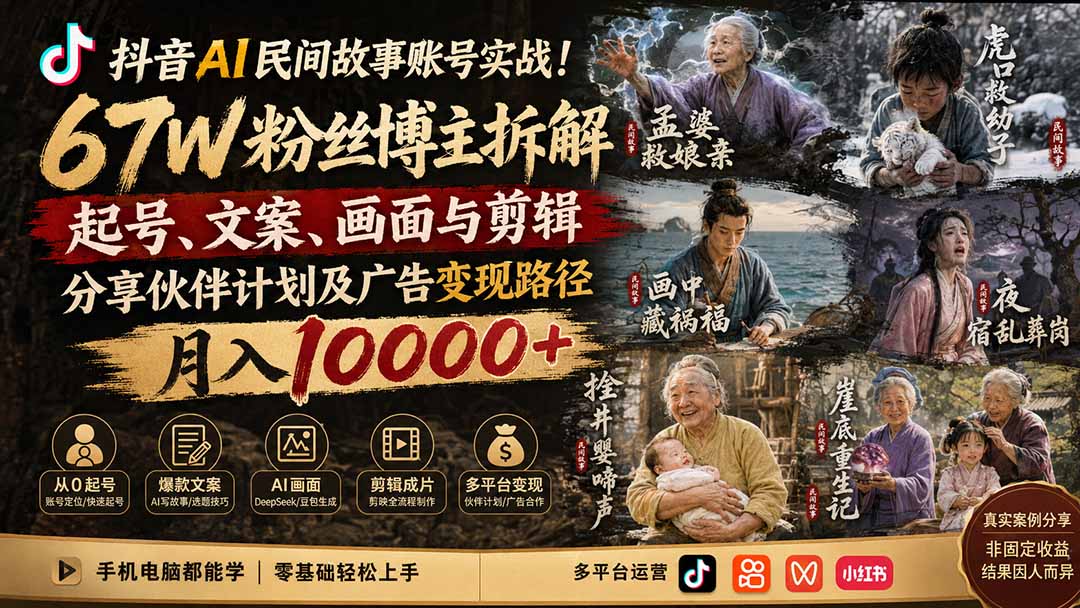 抖音AI民间故事账号实战！67W粉丝博主拆解起号、文案、画面与剪辑，分享伙伴计划及广告变现路径，月入10000+-万象聊项目