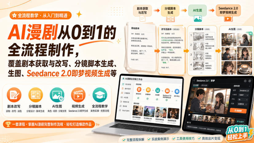 AI漫剧从0到1的全流程制作，覆盖剧本获取与改写、分镜脚本生成、角色场景生图与三视图、Seedance 2.0即梦视频生成(PDF版)-万象聊项目