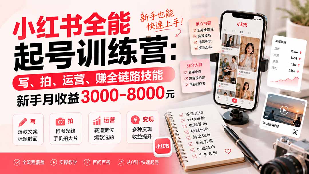 小红书全能起号训练营-更新：写、拍、运营、赚全链路技能，新手月收益3000-8000元-万象聊项目
