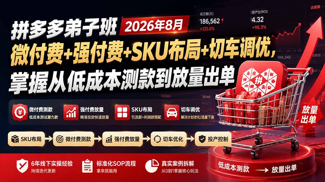 拼多多弟子班2026年8月：微付费+强付费+SKU布局+切车调优，掌握从低成本测款到放量出单-万象聊项目