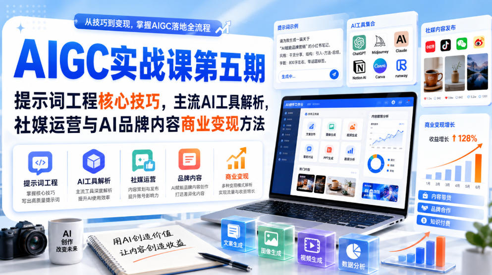 刺猬星球·AIGC实战课第五期，提示词工程核心技巧，主流AI工具解析，社媒运营与AI品牌内容商业变现方法-万象聊项目