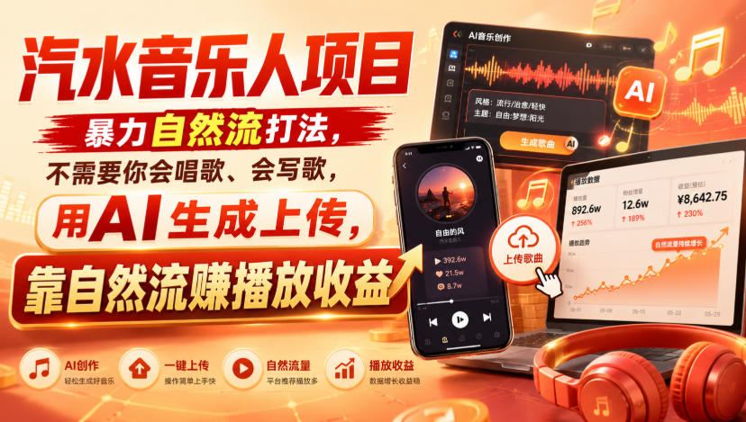 汽水音乐人项目，暴力自然流打法，不需要你会唱歌、会写歌，用AI生成上传，靠自然流賺播放收益-万象聊项目