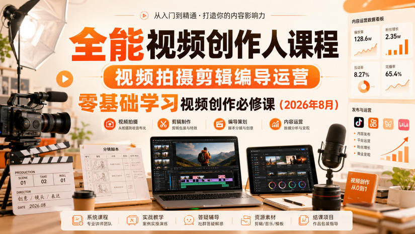 全能视频创作人课程，视频拍摄剪辑编导运营，零基础学习视频创作必修课(2026年8月)-万象聊项目