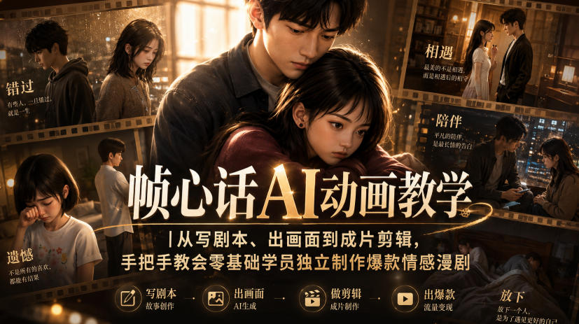 帧心话AI动画教学｜从写剧本、出画面到成片剪辑，手把手教会零基础学员独立制作爆款情感漫剧-万象聊项目