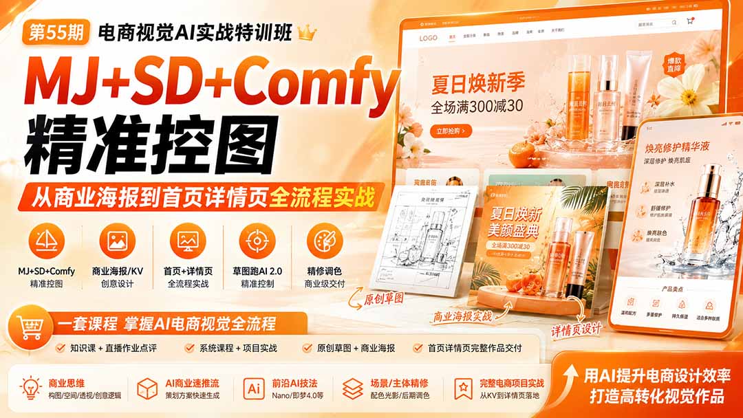 电商视觉 AI实战训练营第55期：MJ+SD+Comfy精准控图，从商业海报到首页详情页全流程实战-万象聊项目
