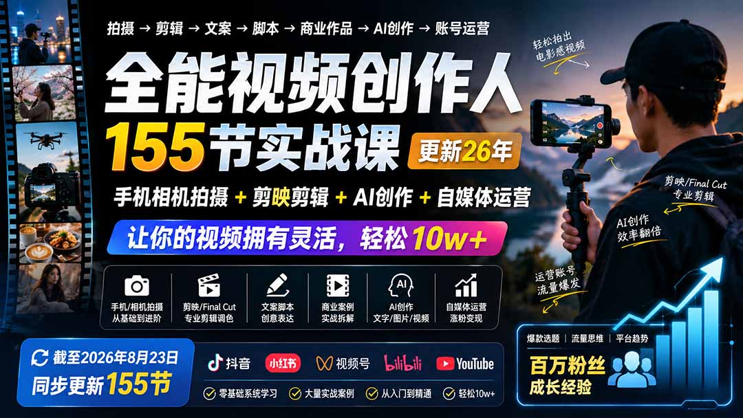 全能视频创作人155节实战课-更新26年8月：手机相机拍摄+剪映剪辑+AI创作+自媒体运营，让你的视频拥有灵活，轻松10w-万象聊项目