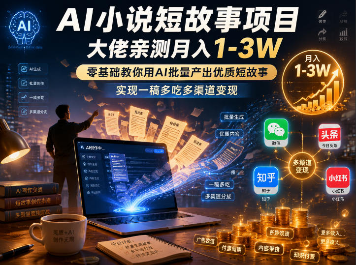 AI小说短故事项目，大佬亲测月入1-3W，零基础教你用AI批量产出优质短故事，实现一稿多吃多渠道变现(更新0824)-万象聊项目