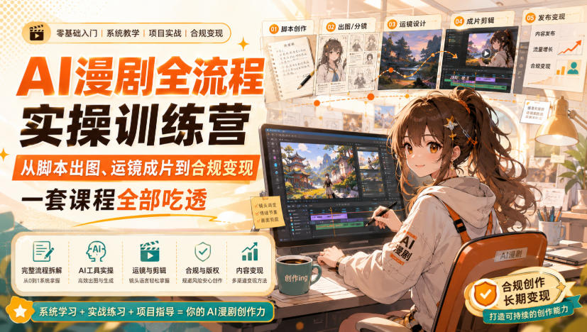 AI漫剧全流程实操训练营，从脚本出图、运镜成片到合规变现，一套课程全部吃透-万象聊项目