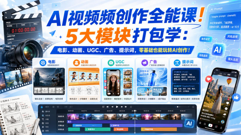 AI视频频创作全能课！5大模块打包学：电影、动画、UGC、广告、提示词，零基础也能玩转AI创作！【原创双语字幕】-万象聊项目