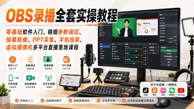 OBS录播全套实操教程｜零基础软件入门、精细参数调试、绿幕抠像、手机投屏、虚拟摄像机多平台直播落地课程-万象聊项目