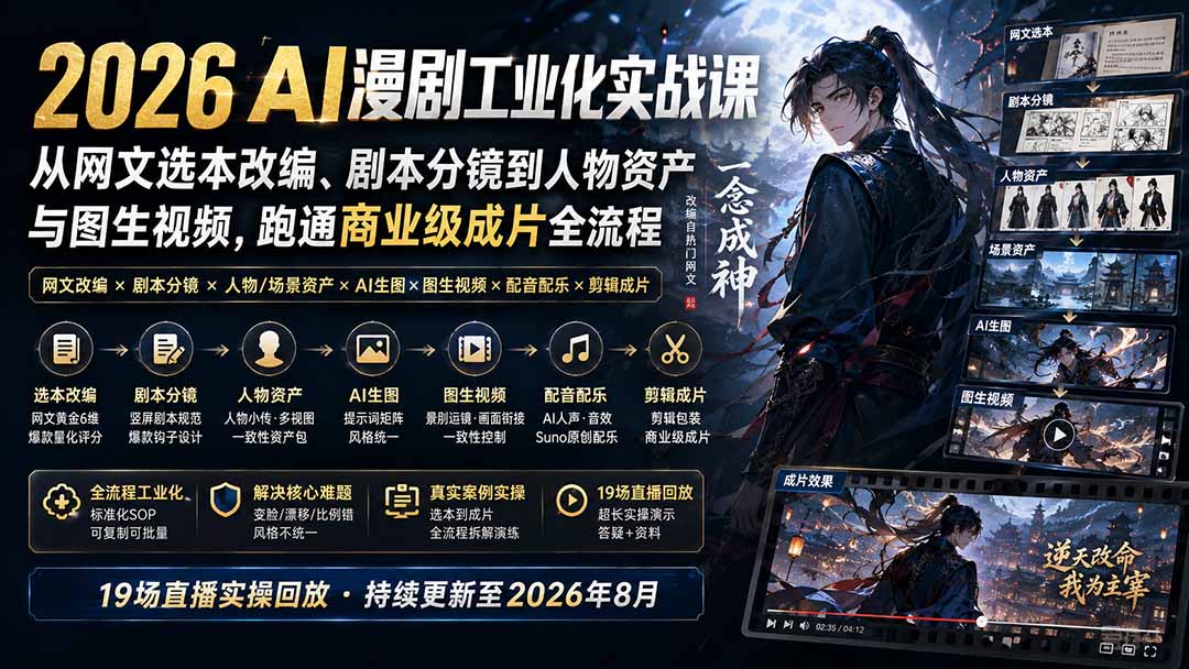 2026 AI漫剧工业化实战课-更新：从网文选本改编、剧本分镜到人物资产与图生视频，跑通商业级成片全流程-万象聊项目