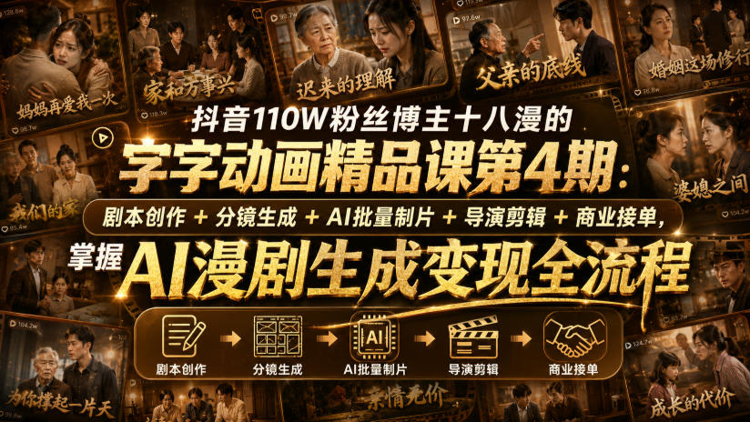 抖音110W粉丝博主十八漫的字字动画精品课第4期：剧本创作+分镜生成+剪辑+商业接单，掌握AI漫剧生成变现全流程-万象聊项目