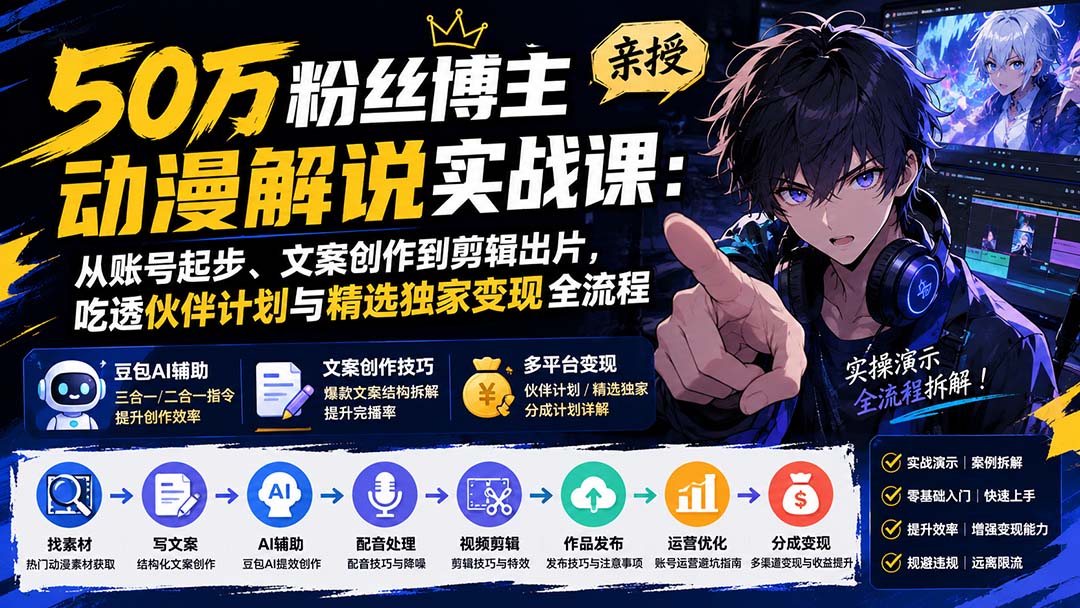 50万粉丝博主亲授动漫解说实战课：从账号起步、文案创作到剪辑出片，吃透伙伴计划与精选独家变现全流程-万象聊项目