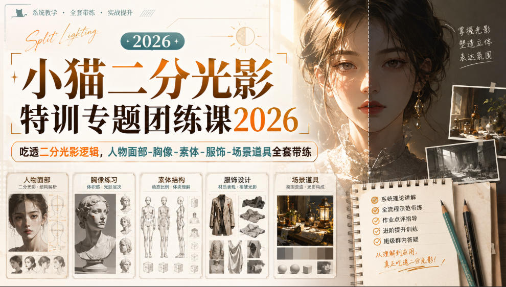 小猫二分光影特训专题团练课2026｜吃透二分光影逻辑，人物面部‑胸像‑素体‑服饰‑场景道具全套带练，高清画质附赠课件与笔刷-万象聊项目