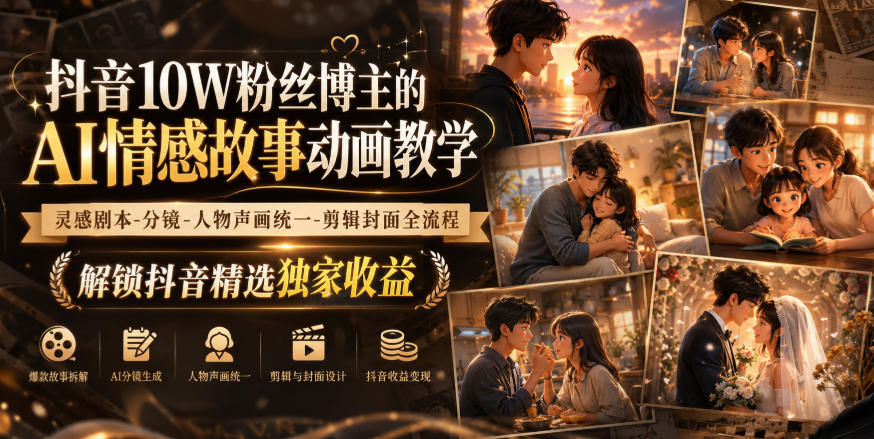 抖音10W粉丝博主的AI情感故事动画教学，灵感剧本‑分镜‑人物声画统一‑剪辑封面全流程，解锁抖音精选独家收益-万象聊项目